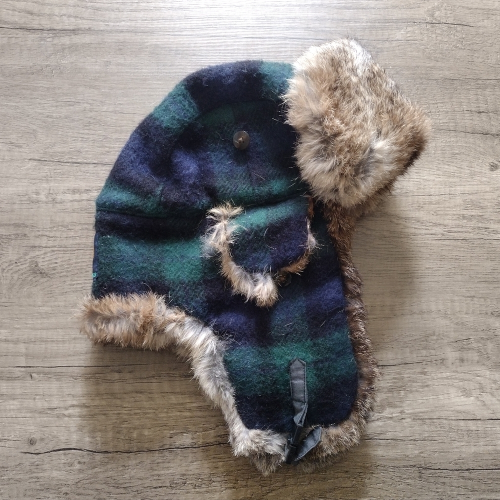 Mad Bomber Hat Blue Green Plaid Wool Trapper Rabbit Fur Ear Flaps Ski Cap L